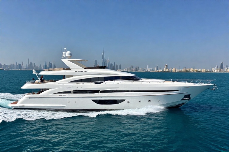 White Luxury Yacht Cruising in Blue Dubai Waters